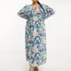 ASOS DESIGN Curve - Vestito Lungo Allacciato In Vita Blu Con Stampa A Fiori