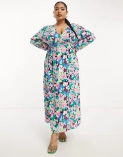 ASOS DESIGN Curve - Vestito Lungo Allacciato In Vita Blu Con Stampa A Fiori