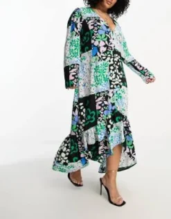 ASOS DESIGN Curve - Vestito Midi Con Stampa Divisa A Fiori E Fondo Asimmetrico