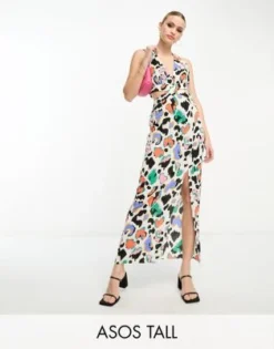 ASOS DESIGN Tall - Vestito Midi Allacciato Al Collo Con Cut-out E Stampa Colorata