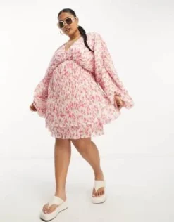 ASOS DESIGN Curve - Vestito Corto A Trapezio Rosa A Fiori Con Micro Pieghe E Maniche Ad Ali Di Pipistrello -Vendite ASOS Maternity || RIVER ISLAND || Monki 204247832 3