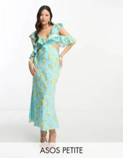 ASOS DESIGN Petite - Vestito In Raso Blu A Fiori Con Gonna Al Polpaccio E Maniche Con Volant Multipli
