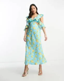 ASOS DESIGN Petite - Vestito In Raso Blu A Fiori Con Gonna Al Polpaccio E Maniche Con Volant Multipli -Vendite ASOS Maternity || RIVER ISLAND || Monki 204247942 4