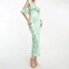 ASOS DESIGN Tall - Vestito In Raso Lime A Fiori Con Gonna Al Polpaccio E Maniche Con Volant Multipli