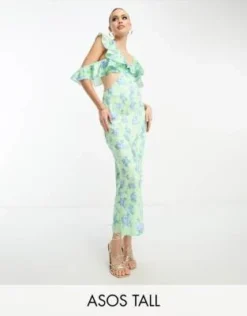 ASOS DESIGN Tall - Vestito In Raso Lime A Fiori Con Gonna Al Polpaccio E Maniche Con Volant Multipli