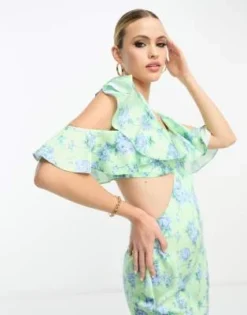 ASOS DESIGN Tall - Vestito In Raso Lime A Fiori Con Gonna Al Polpaccio E Maniche Con Volant Multipli -Vendite ASOS Maternity || RIVER ISLAND || Monki 204247952 3