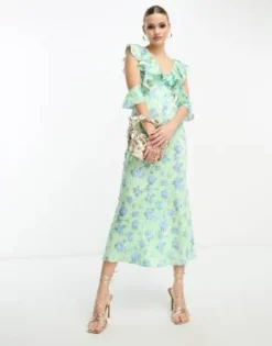 ASOS DESIGN Tall - Vestito In Raso Lime A Fiori Con Gonna Al Polpaccio E Maniche Con Volant Multipli -Vendite ASOS Maternity || RIVER ISLAND || Monki 204247952 4