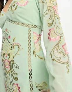 ASOS DESIGN Petite - Vestito Da Giorno Corto A Maniche Lunghe Verde Salvia Con Ricamo E Finiture Effetto Smagliato -Vendite ASOS Maternity || RIVER ISLAND || Monki 204252450 4