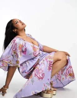 ASOS DESIGN Curve - Vestito Lungo Con Maniche Con Volant E Scollo A V In Raso Lilla Con Motivo Cachemire E Fondo A Balze -Vendite ASOS Maternity || RIVER ISLAND || Monki 204252480 3