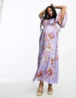 ASOS DESIGN Curve - Vestito Lungo Con Maniche Con Volant E Scollo A V In Raso Lilla Con Motivo Cachemire E Fondo A Balze -Vendite ASOS Maternity || RIVER ISLAND || Monki 204252480 4