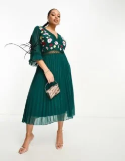 ASOS DESIGN Curve - Vestito Midi A Pieghe Verde Bosco Con Ricami E Inserti In Pizzo -Vendite ASOS Maternity || RIVER ISLAND || Monki 204252591 3