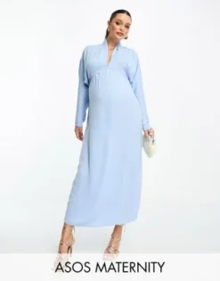 ASOS Maternity ASOS DESIGN Maternity - Vestito Midi Blu Pallido Con Scollo Profondo E Maniche Ad Ali Di Pipistrello