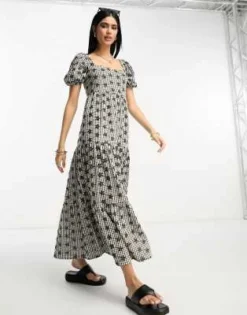 ASOS DESIGN - Vestito Al Polpaccio A Balze Con Scollo Squadrato In Pizzo Sangallo A Quadretti Monocromatici -Vendite ASOS Maternity || RIVER ISLAND || Monki 204261146 4