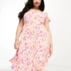 Collective The Label Curve - Vestito Midi A Balze Rosa A Fiori