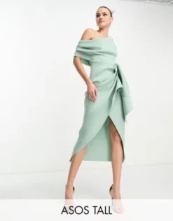 ASOS DESIGN Tall - Vestito Midi Fasciante Verde Salvia Ghiaccio Con Spalle Scivolate E Dettaglio Raccolto