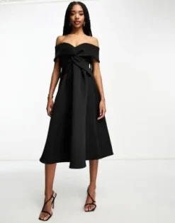 ASOS DESIGN Tall - Vestito Skater Midi Da Cerimonia Nero Incrociato Sul Davanti Con Spalle Scoperte -Vendite ASOS Maternity || RIVER ISLAND || Monki 204266370 4