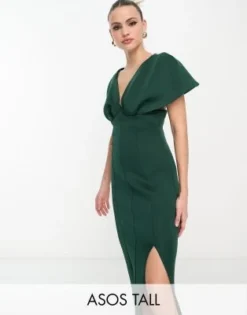 ASOS DESIGN Tall - Vestito Longuette Verde Bosco Con Scollo Profondo E Spalle Scivolate