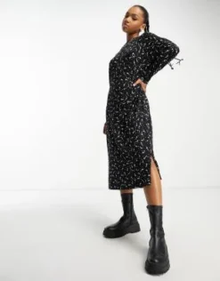 Monki - Vestito Midi In Jersey Nero A Fiori Piccoli