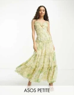 ASOS DESIGN Petite - Vestito Lungo Stile Sottoveste A Balze Con Fondo Grezzo, Nodo Frontale E Cut-out Giallo Con Stampa A Fiori