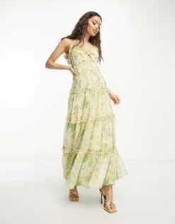 ASOS DESIGN Petite - Vestito Lungo Stile Sottoveste A Balze Con Fondo Grezzo, Nodo Frontale E Cut-out Giallo Con Stampa A Fiori -Vendite ASOS Maternity || RIVER ISLAND || Monki 204276787 4