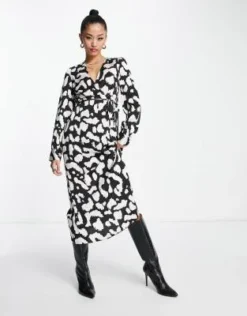 New Look - Vestito Midi A Maniche Lunghe Nero Con Stampa E Scollo A V -Vendite ASOS Maternity || RIVER ISLAND || Monki 204278503 4