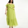 ASOS DESIGN Curve - Vestito Midi Con Spalle Scoperte, Volant E Cut-out Verde Oliva