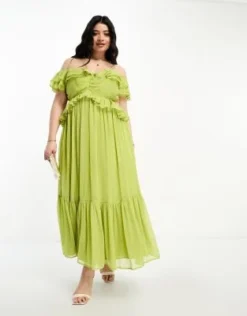 ASOS DESIGN Curve - Vestito Midi Con Spalle Scoperte, Volant E Cut-out Verde Oliva
