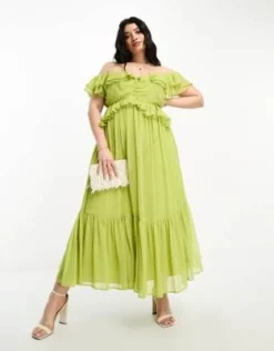 ASOS DESIGN Curve - Vestito Midi Con Spalle Scoperte, Volant E Cut-out Verde Oliva -Vendite ASOS Maternity || RIVER ISLAND || Monki 204280083 4