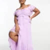 ASOS DESIGN Curve - Vestito Lungo Con Cut-out E Spalle Scoperte Lilla Con Volant E Fondo Asimmetrico