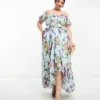 ASOS DESIGN Curve - Vestito Lungo Con Spalle Scoperte E Cut-out Blu A Fiori Con Volant E Fondo Asimmetrico