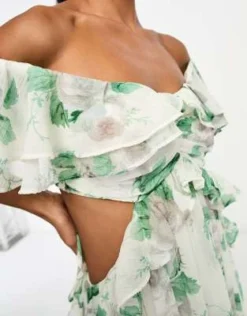 ASOS DESIGN Petite - Vestito Lungo Color Pietra A Fiori A Spalle Scoperte Con Cut-out, Volant E Fondo Asimmetrico -Vendite ASOS Maternity || RIVER ISLAND || Monki 204280213 3