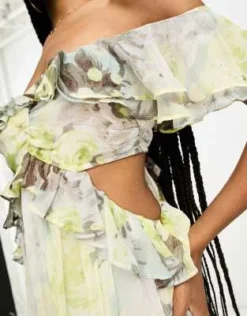 ASOS DESIGN Tall - Vestito Lungo Verde A Fiori Con Spalle Scoperte Con Volant, Cut-out E Fondo Asimmetrico -Vendite ASOS Maternity || RIVER ISLAND || Monki 204280271 3