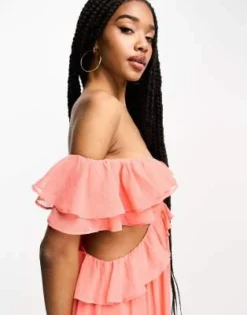 ASOS DESIGN Tall - Vestito Lungo Corallo A Spalle Scoperte Con Cut-out, Volant E Fondo Asimmetrico -Vendite ASOS Maternity || RIVER ISLAND || Monki 204280300 3