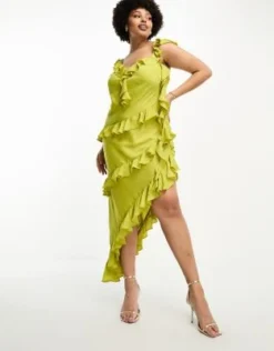 Esclusiva ASOS DESIGN Curve - Vestito Con Spalline Sottili Lungo Verde Oliva Con Dettaglio Drappeggiato E Volant -Vendite ASOS Maternity || RIVER ISLAND || Monki 204280421 4