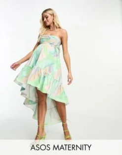 ASOS Maternity ASOS DESIGN Maternity - Vestito Midi A Fascia Arricciato Con Fondo Asimmetrico In Cotone Con Stampa Astratta