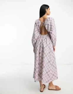ASOS DESIGN - Vestito Midi Viola A Quadri Con Scollo A V, Maniche Ad Ali Di Pipistrello E Schiena Scoperta -Vendite ASOS Maternity || RIVER ISLAND || Monki 204286323 2