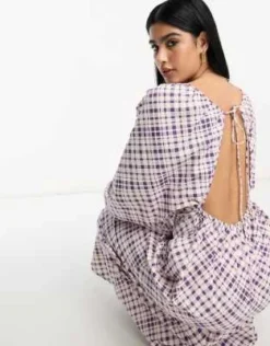 ASOS DESIGN - Vestito Midi Viola A Quadri Con Scollo A V, Maniche Ad Ali Di Pipistrello E Schiena Scoperta -Vendite ASOS Maternity || RIVER ISLAND || Monki 204286323 3
