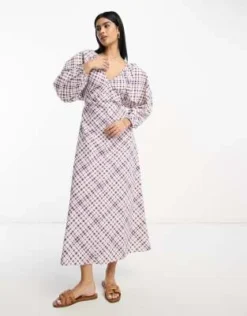 ASOS DESIGN - Vestito Midi Viola A Quadri Con Scollo A V, Maniche Ad Ali Di Pipistrello E Schiena Scoperta -Vendite ASOS Maternity || RIVER ISLAND || Monki 204286323 4