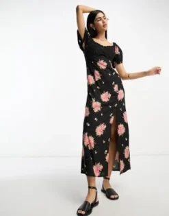 ASOS DESIGN - Vestito Midi All'uncinetto Scuro A Fiori Con Scollo Alla Bardot