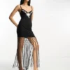 ASOS DESIGN - Vestito Midi Con Spalline Sottili Nero Con Frange E Ricami