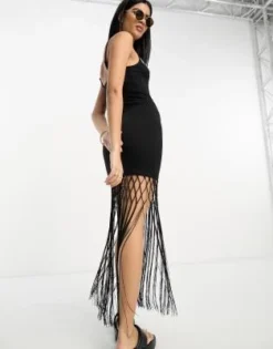ASOS DESIGN - Vestito Midi Con Spalline Sottili Nero Con Frange E Ricami -Vendite ASOS Maternity || RIVER ISLAND || Monki 204290192 4