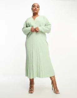 ASOS DESIGN Curve - Vestito Con Gonna Al Polpaccio E Parte Anteriore Avvolgente In Seersucker Verde Salvia Con Maniche Ad Ali Di Pipistrello -Vendite ASOS Maternity || RIVER ISLAND || Monki 204300747 3