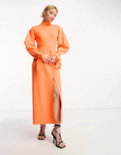 ASOS DESIGN - Vestito Midi Accollato Arancione Fluo Con Spacco Sul Davanti E Maniche Allacciate -Vendite ASOS Maternity || RIVER ISLAND || Monki 204300757 4