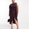 ASOS DESIGN Curve - Vestito Midi Fasciante Viola Melanzana Con Spalla Scesa E Dettaglio Raccolto