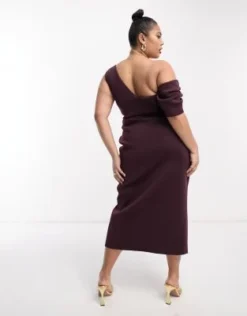 ASOS DESIGN Curve - Vestito Midi Fasciante Viola Melanzana Con Spalla Scesa E Dettaglio Raccolto -Vendite ASOS Maternity || RIVER ISLAND || Monki 204301405 2