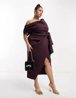 ASOS DESIGN Curve - Vestito Midi Fasciante Viola Melanzana Con Spalla Scesa E Dettaglio Raccolto -Vendite ASOS Maternity || RIVER ISLAND || Monki 204301405 4