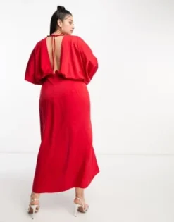 Esclusiva ASOS DESIGN Curve - Vestito In Raso Rosso Con Gonna Al Polpaccio Con Spacco E Maniche Ad Ali Di Pipistrello -Vendite ASOS Maternity || RIVER ISLAND || Monki 204306778 3