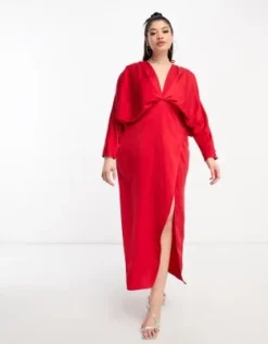 Esclusiva ASOS DESIGN Curve - Vestito In Raso Rosso Con Gonna Al Polpaccio Con Spacco E Maniche Ad Ali Di Pipistrello -Vendite ASOS Maternity || RIVER ISLAND || Monki 204306778 4