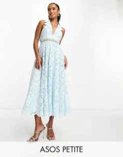 ASOS DESIGN Petite - Vestito Midi Aperto Dietro In Pizzo Azzurro Con Colletto