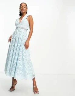 ASOS DESIGN Petite - Vestito Midi Aperto Dietro In Pizzo Azzurro Con Colletto -Vendite ASOS Maternity || RIVER ISLAND || Monki 204307295 4